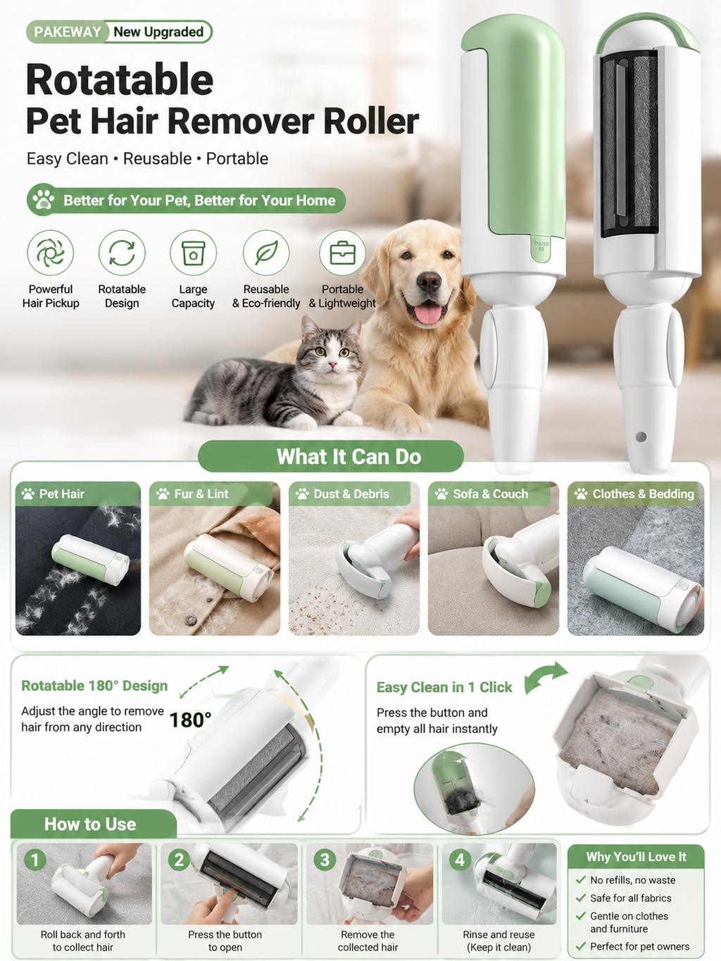 PAKEWAY Rotatable Pet Hair Remover Roller – For Dogs & Cats